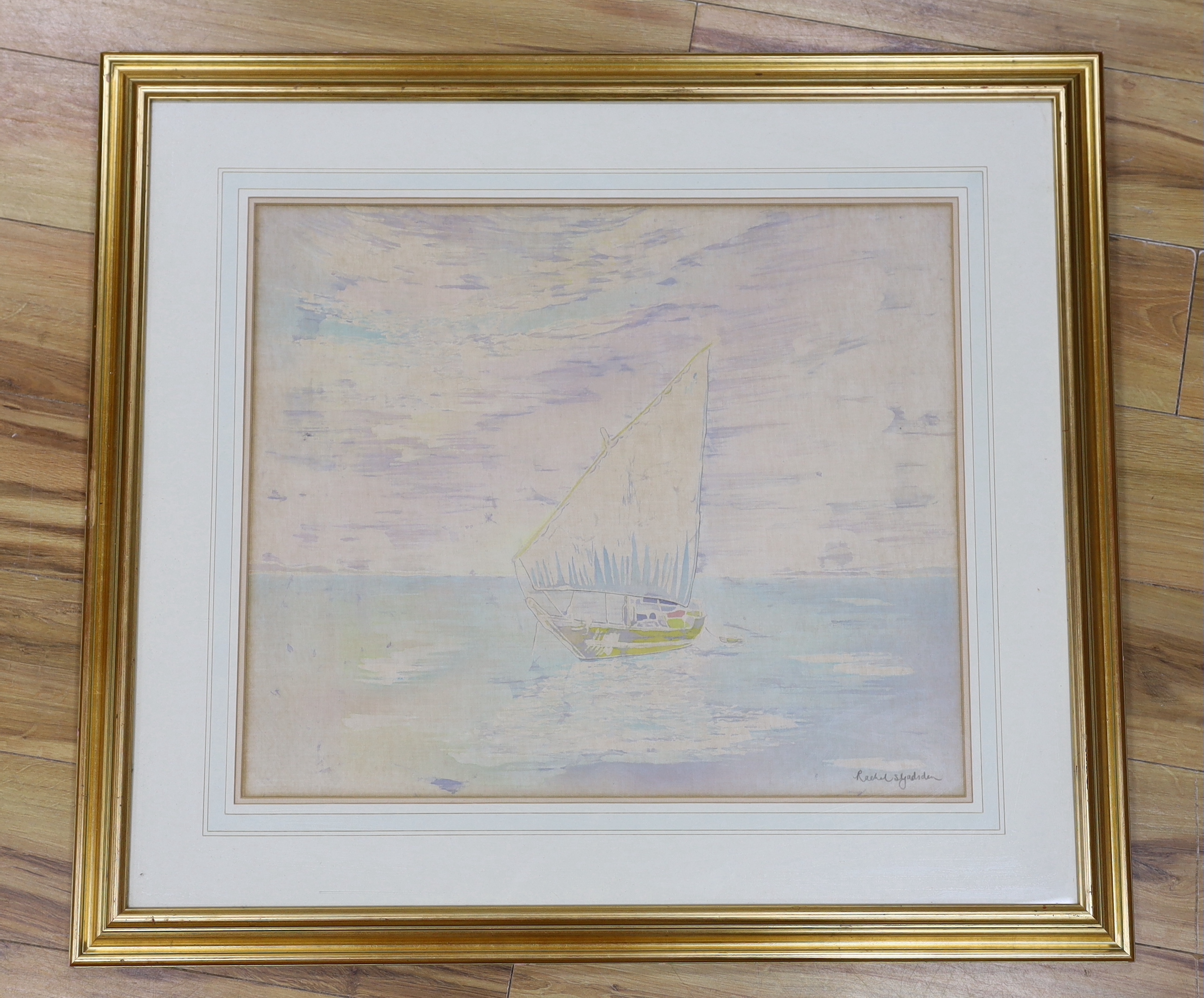 Watercolour on fabric, Sailing boat at sea, indistinctly signed possibly Rachel Sy?, 63 x 52cm